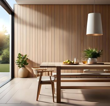 Spacious Wooden Table with Sunny Blurred View
